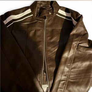 Men's Brown Leather Bomber Jacket with White Stripes